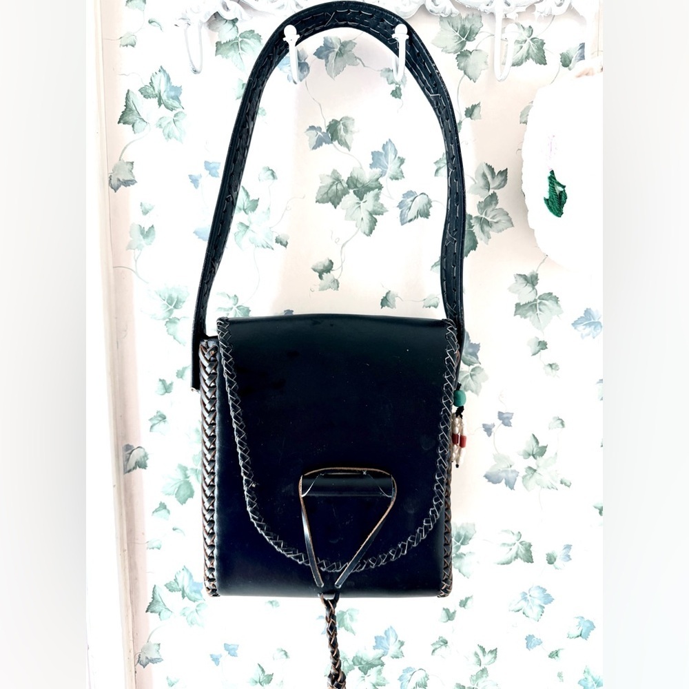 Vintage Black Leather Shoulder Bag Woven Trim Boho Western Style Purse